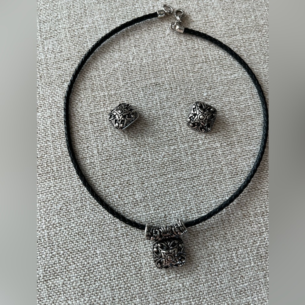 Premier jewelry, black leather necklace with matching pierced earrings
